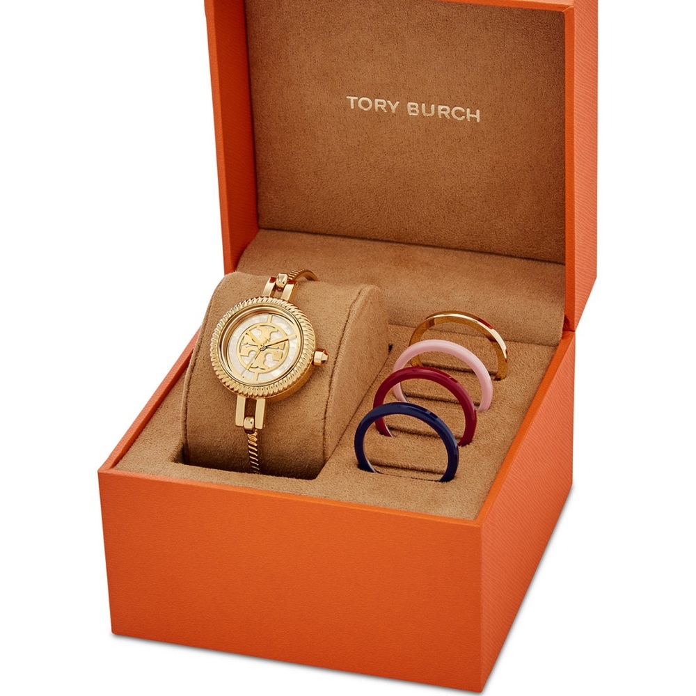 Tory Burch Reva Gold-Tone Stainless Steel Bangle Bracelet Watch 27mm Gift Set - Picture 7 of 13